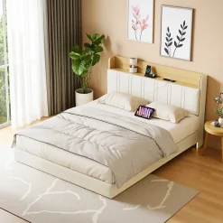 Lit flottant 140x200 cm blanc PU + bois clair, rangement tiroir, éclairage LED sous lit, double port USB, poche latérale