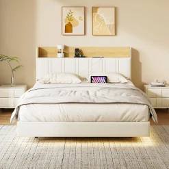 Lit flottant 140x200 cm blanc PU + bois clair, rangement tiroir, éclairage LED sous lit, double port USB, poche latérale