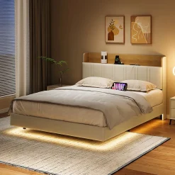 Lit flottant 140x200 cm blanc PU + bois clair, rangement tiroir, éclairage LED sous lit, double port USB, poche latérale