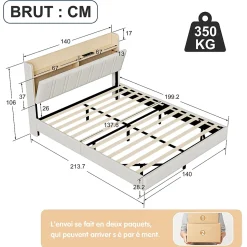 Lit flottant 140x200 cm blanc PU + bois clair, rangement tiroir, éclairage LED sous lit, double port USB, poche latérale