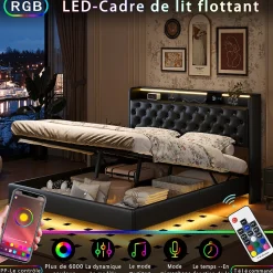 Lit flottant 160x200 cm en polyuréthane avec LED tête et corps, rangement tête de lit rembourrée, prise EU, design moderne.