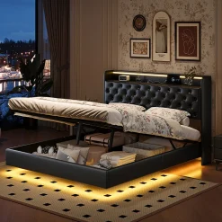 Lit flottant 160x200 cm en polyuréthane avec LED tête et corps, rangement tête de lit rembourrée, prise EU, design moderne.