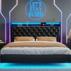 Lit flottant 160x200 cm en polyuréthane avec LED tête et corps, rangement tête de lit rembourrée, prise EU, design moderne.