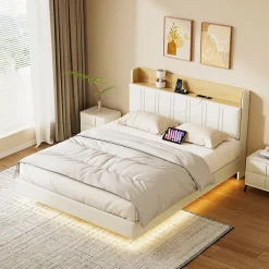 Lit flottant 140x190 cm, rembourré, LED, USB, PU, Blanc