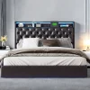 Lit flottant 160x200cm en PU avec LED tête & corps, rangement tête de lit rembourrée & prise EU, Design moderne et pratique