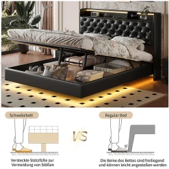 Lit flottant 160x200cm en PU avec LED tête & corps, rangement tête de lit rembourrée & prise EU, Design moderne et pratique