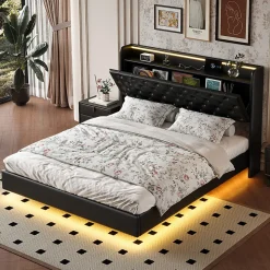 Lit flottant 160x200cm en PU avec LED tête & corps, rangement tête de lit rembourrée & prise EU, Design moderne et pratique