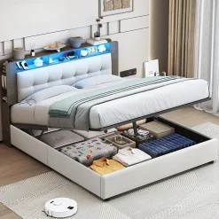 Lit Flottant,160x200 CM, Cadre de Lit avec Éclairage LED, Multiprise, Tête de lit avec Rangement, velours,Blanc