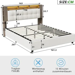 Lit Flottant,160x200 CM, Cadre de Lit avec Éclairage LED, Multiprise, Tête de lit avec Rangement, velours,Blanc