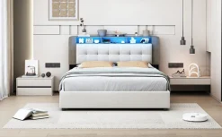 Lit Flottant,160x200 CM, Cadre de Lit avec Éclairage LED, Multiprise, Tête de lit avec Rangement, velours,Blanc