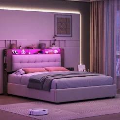 Lit Flottant,140x200 CM, Cadre de Lit avec Éclairage LED, Multiprise, Tête de lit avec Rangement, velours,Blanc