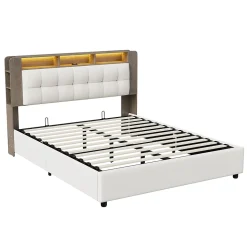 Lit Flottant,140x200 CM, Cadre de Lit avec Éclairage LED, Multiprise, Tête de lit avec Rangement, velours,Blanc