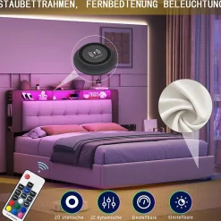 Lit Flottant,140x200 CM, Cadre de Lit avec Éclairage LED, Multiprise, Tête de lit avec Rangement, velours,Blanc