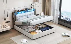 Lit Flottant,140x200 CM, Cadre de Lit avec Éclairage LED, Multiprise, Tête de lit avec Rangement, velours,Blanc