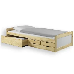 Lit fonctionnel en pin ANDREA, 90 x 200 cm, vernis naturel et lasuré blanc