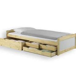 Lit fonctionnel en pin ANDREA, 90 x 200 cm, vernis naturel et lasuré blanc