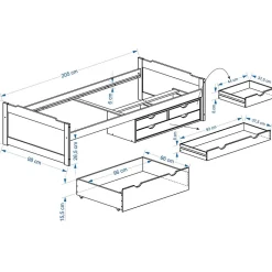 Lit fonctionnel en pin ANDREA, 90 x 200 cm, vernis naturel et lasuré blanc