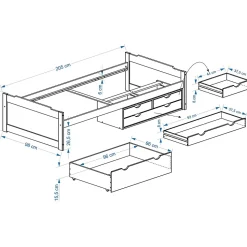 Lit fonctionnel en pin ANDREA, 90 x 200 cm, lasuré blanc rose