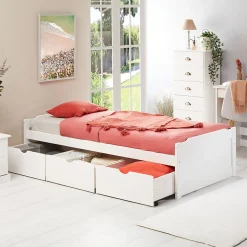 Lit fonctionnel MIA 90 x 190 cm, en pin massif lasuré blanc