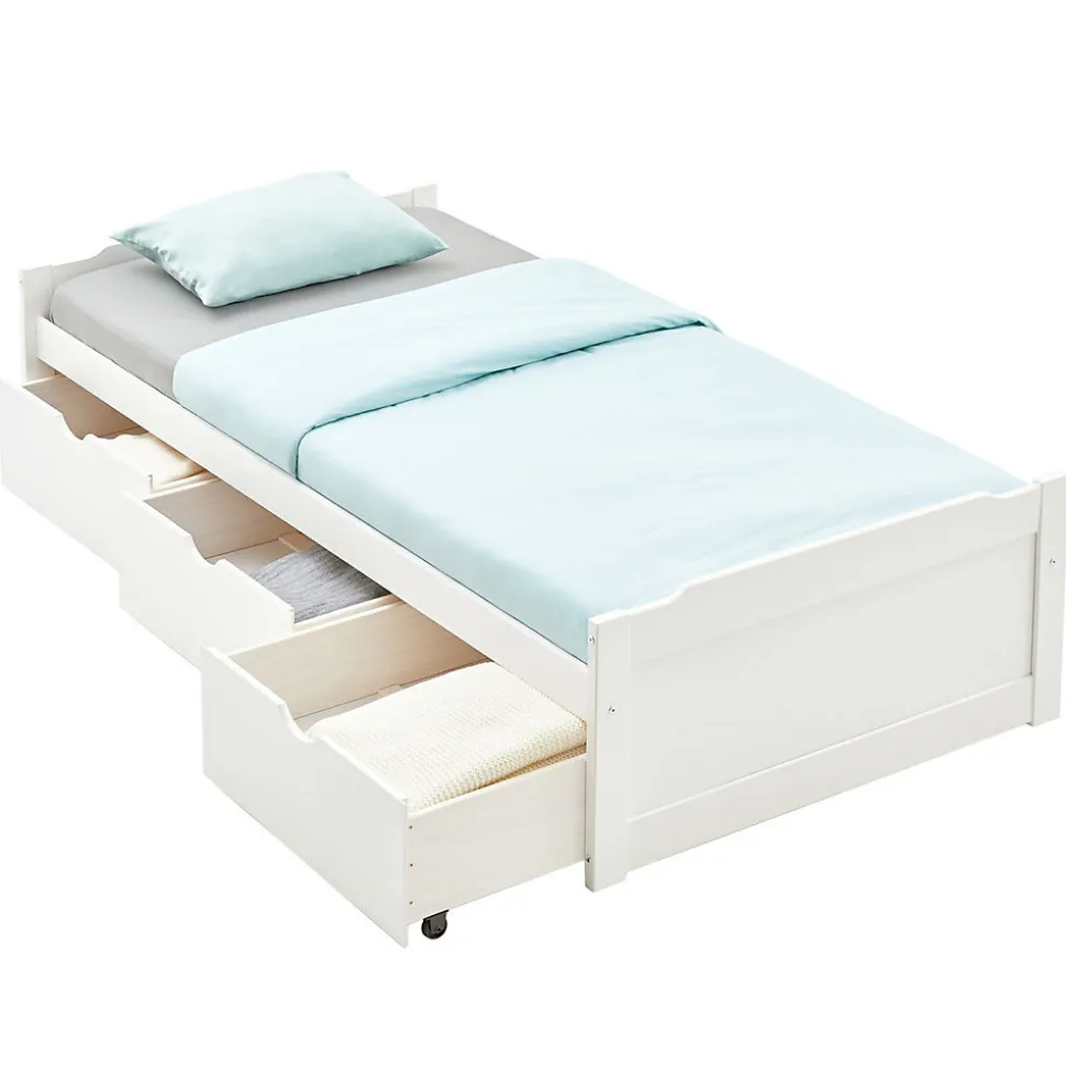 Lit fonctionnel MIA 90 x 190 cm, en pin massif lasuré blanc