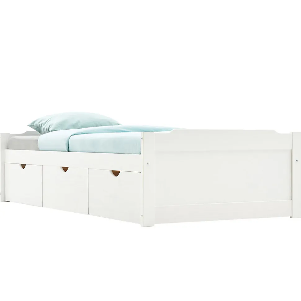 Lit fonctionnel MIA 90 x 190 cm, en pin massif lasuré blanc