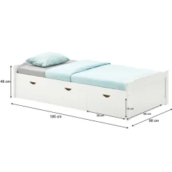 Lit fonctionnel MIA 90 x 190 cm, en pin massif lasuré blanc