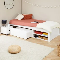 Lit fonctionnel SABRINA 90x190 cm, en pin massif lasuré blanc