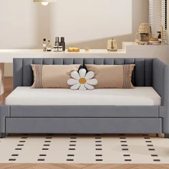 Lit Gigogne - Lit enfant et d'Appoint avec Sommier Gigogne, Fonction Rangement Intégré, Velours Gris, 90x200 cm