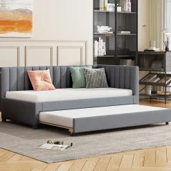 Lit Gigogne - Lit enfant et d'Appoint avec Sommier Gigogne, Fonction Rangement Intégré, Velours Gris, 90x200 cm