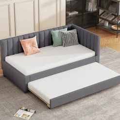 Lit Gigogne - Lit enfant et d'Appoint avec Sommier Gigogne, Fonction Rangement Intégré, Velours Gris, 90x200 cm