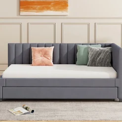 Lit Gigogne - Lit enfant et d'Appoint avec Sommier Gigogne, Fonction Rangement Intégré, Velours Gris, 90x200 cm