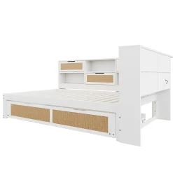 Lit Gigogne - Lit enfant 140x200 cm Bois Blanc avec Lit Simple, Tiroirs et Port USB, Grand Rangement Multifonction, Couleur Blanc