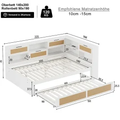 Lit Gigogne - Lit enfant 140x200 cm Bois Blanc avec Lit Simple, Tiroirs et Port USB, Grand Rangement Multifonction, Couleur Blanc