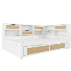 Lit Gigogne - Lit enfant 140x200 cm Bois Blanc avec Lit Simple, Tiroirs et Port USB, Grand Rangement Multifonction, Couleur Blanc