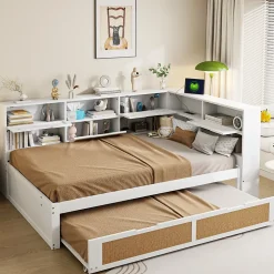 Lit Gigogne - Lit enfant 140x200 cm Bois Blanc avec Lit Simple, Tiroirs et Port USB, Grand Rangement Multifonction, Couleur Blanc