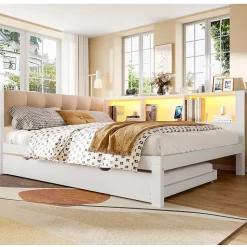 Lit Gigogne 140 x 200 cm - avec Lit Escamotable et LED Dimmable - Sans Matelas - Lin, MDF et Bois de Pin - Blanc