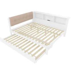 Lit Gigogne 140 x 200 cm - avec Lit Escamotable et LED Dimmable - Sans Matelas - Lin, MDF et Bois de Pin - Blanc