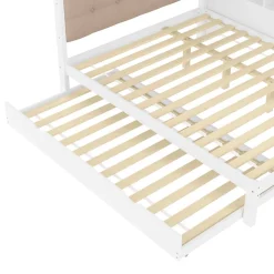 Lit Gigogne 140 x 200 cm - avec Lit Escamotable et LED Dimmable - Sans Matelas - Lin, MDF et Bois de Pin - Blanc