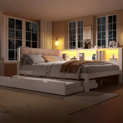 Lit Gigogne 140 x 200 cm - avec Lit Escamotable et LED Dimmable - Sans Matelas - Lin, MDF et Bois de Pin - Blanc