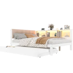 Lit Gigogne 140 x 200 cm - avec Lit Escamotable et LED Dimmable - Sans Matelas - Lin, MDF et Bois de Pin - Blanc