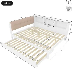 Lit Gigogne 140 x 200 cm - avec Lit Escamotable et LED Dimmable - Sans Matelas - Lin, MDF et Bois de Pin - Blanc