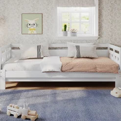 Lit gigogne 90 x 190 cm - Lit Banquette avec Motif Cœur - Pin Massif et MDF - Sans Matelas - Blanc