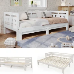 Lit gigogne 90 x 200 cm - Lit Banquette avec 2e Couchage - Pin Massif et MDF - Sans Matelas - Blanc