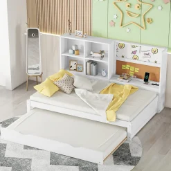 Lit Gigogne 90 x 200 cm - Lit enfant avec Port de Chargement USB et Rangement - Bois de Pin + MDF - Sans Matelas - Blanc