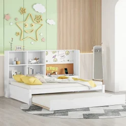 Lit Gigogne 90 x 200 cm - Lit enfant avec Port de Chargement USB et Rangement - Bois de Pin + MDF - Sans Matelas - Blanc