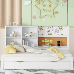 Lit Gigogne 90 x 200 cm - Lit enfant avec Port de Chargement USB et Rangement - Bois de Pin + MDF - Sans Matelas - Blanc