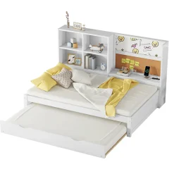 Lit Gigogne 90 x 200 cm - Lit enfant avec Port de Chargement USB et Rangement - Bois de Pin + MDF - Sans Matelas - Blanc