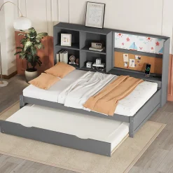Lit Gigogne 90 x 200 cm - Lit enfant avec Port de Chargement USB et Rangement - Bois de Pin + MDF - Sans Matelas - Gris
