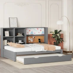 Lit Gigogne 90 x 200 cm - Lit enfant avec Port de Chargement USB et Rangement - Bois de Pin + MDF - Sans Matelas - Gris