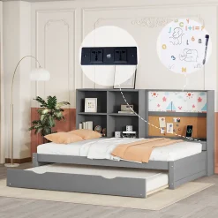 Lit Gigogne 90 x 200 cm - Lit enfant avec Port de Chargement USB et Rangement - Bois de Pin + MDF - Sans Matelas - Gris